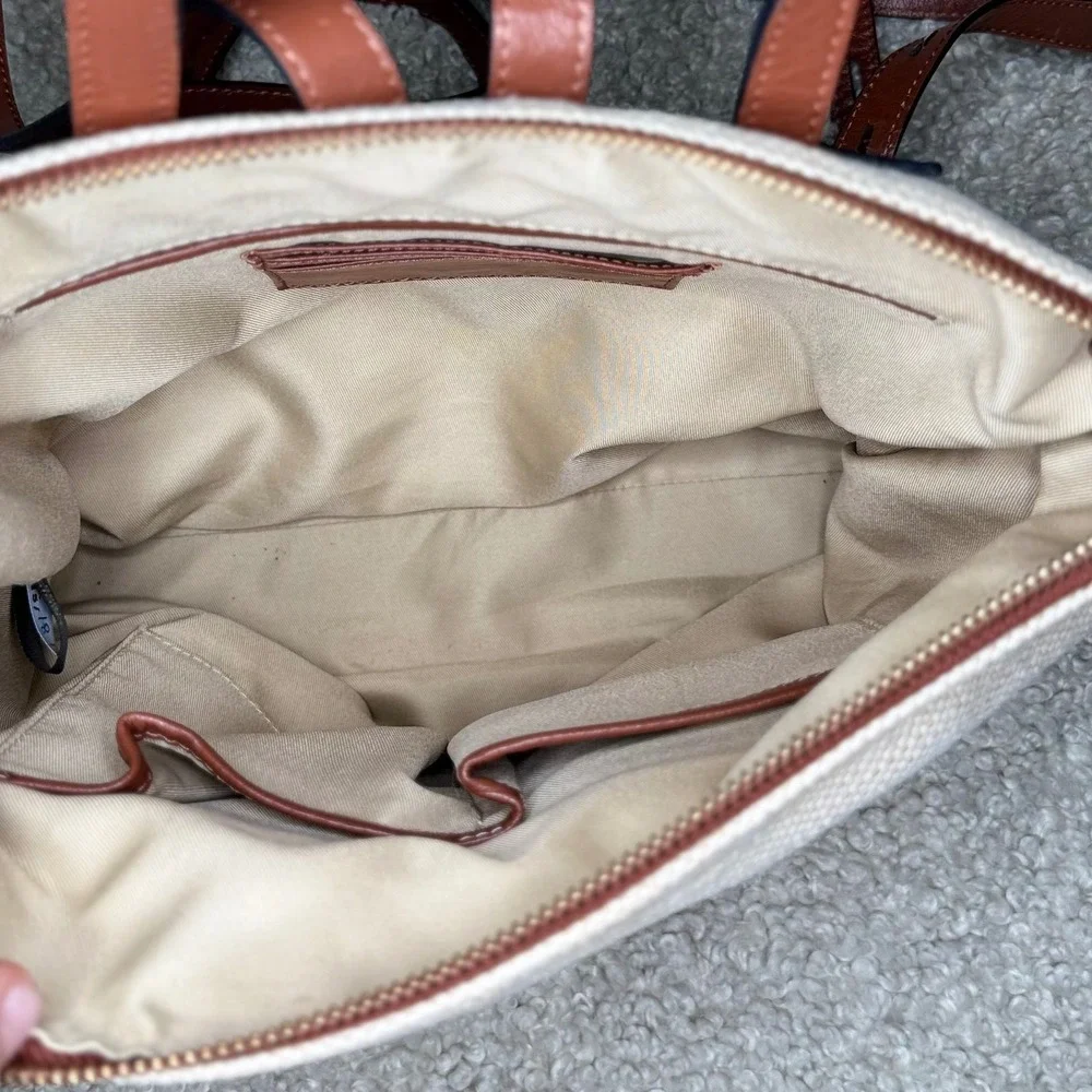 Lodis Pippa Backpack Cream Jute Cotton Tan Leather Trim Zip Top Bat